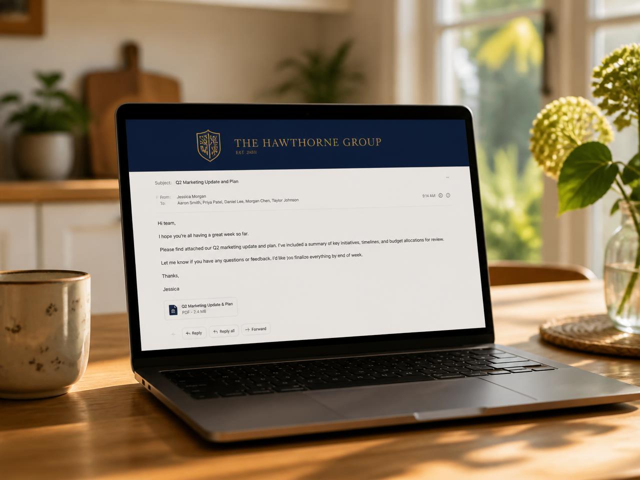 A laptop showing a group email with a custom branded header in navy and gold