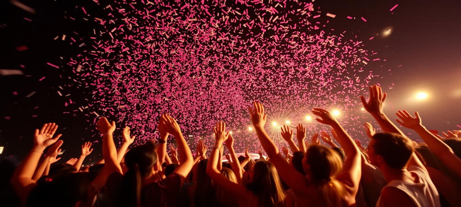 Confetti bursting over a cheering crowd