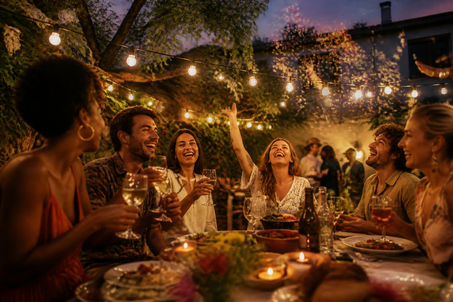 Friends laughing around a table under string lights at a backyard party