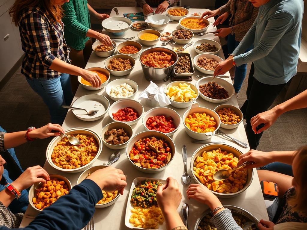 Hands placing homemade dishes on a long potluck table